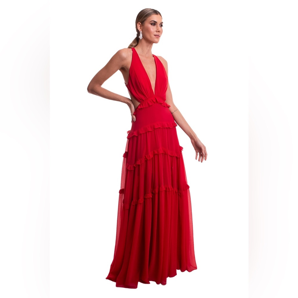 Red Tiered Ruffled Halter Gown